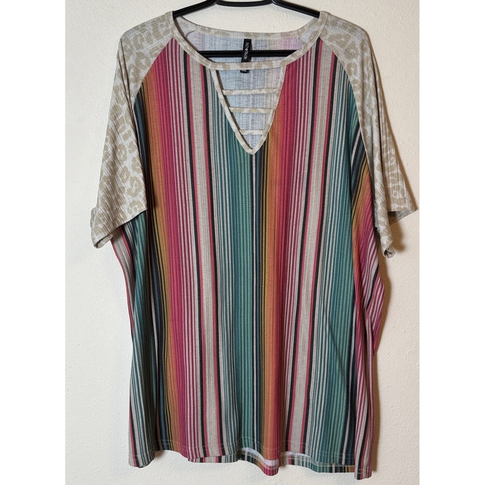 Crazy Train 3XL Women's Western Tee Multicolor Striped Leopard Print Top Boho